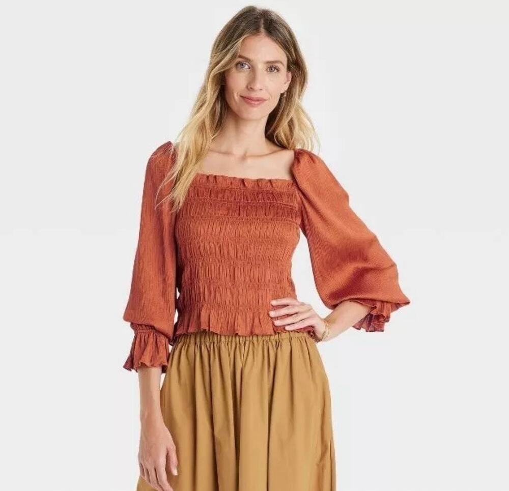 A New Day Women's Blouse Medium Brown Puff Long Sleeve Smocked Top Size XS
